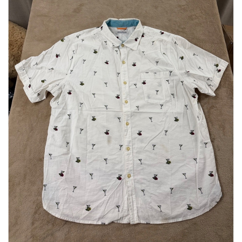 Tommy Bahama shirt Mens XL White Seersucker Martini Glass Print short sleeve